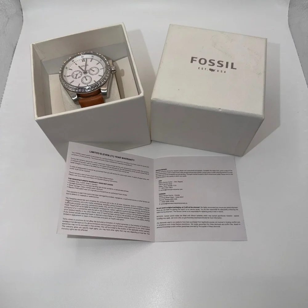 Fossil Riley Multifunction Watch Women Brown Leather Crystal Bezel Watch